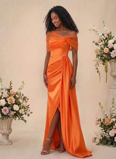 Trumpet/Mermaid Off-The-Shoulder Satin/Tulle Bridesmaid Dresses With Split Front