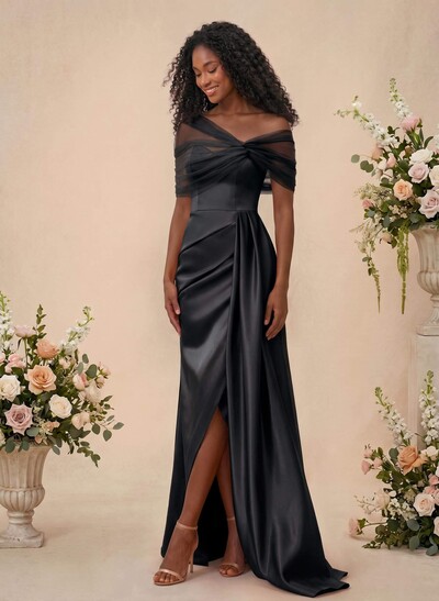 Trumpet/Mermaid Off-The-Shoulder Satin/Tulle Bridesmaid Dresses With Split Front
