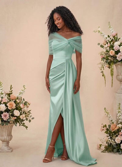 Trumpet/Mermaid Off-The-Shoulder Satin/Tulle Bridesmaid Dresses With Split Front