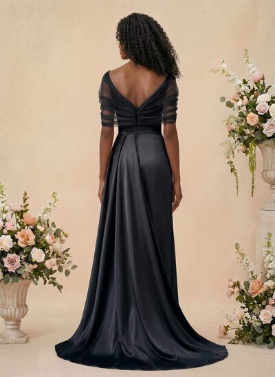 Trumpet/Mermaid Off-The-Shoulder Satin/Tulle Bridesmaid Dresses With Split Front