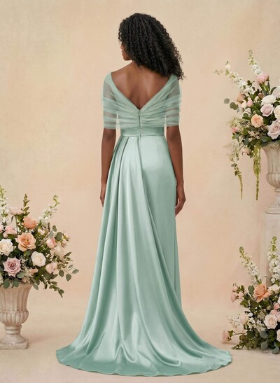 Trumpet/Mermaid Off-The-Shoulder Satin/Tulle Bridesmaid Dresses With Split Front