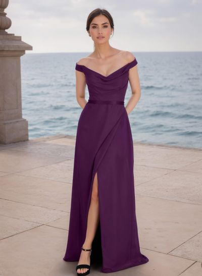 Sheath/Column Off-The-Shoulder Chiffon Bridesmaid Dresses With Split Front