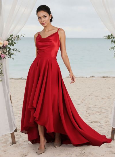 A-Line Cowl Neck Sleeveless Chiffon/Silk Like Satin Bridesmaid Dresses