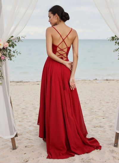 A-Line Cowl Neck Sleeveless Chiffon/Silk Like Satin Bridesmaid Dresses