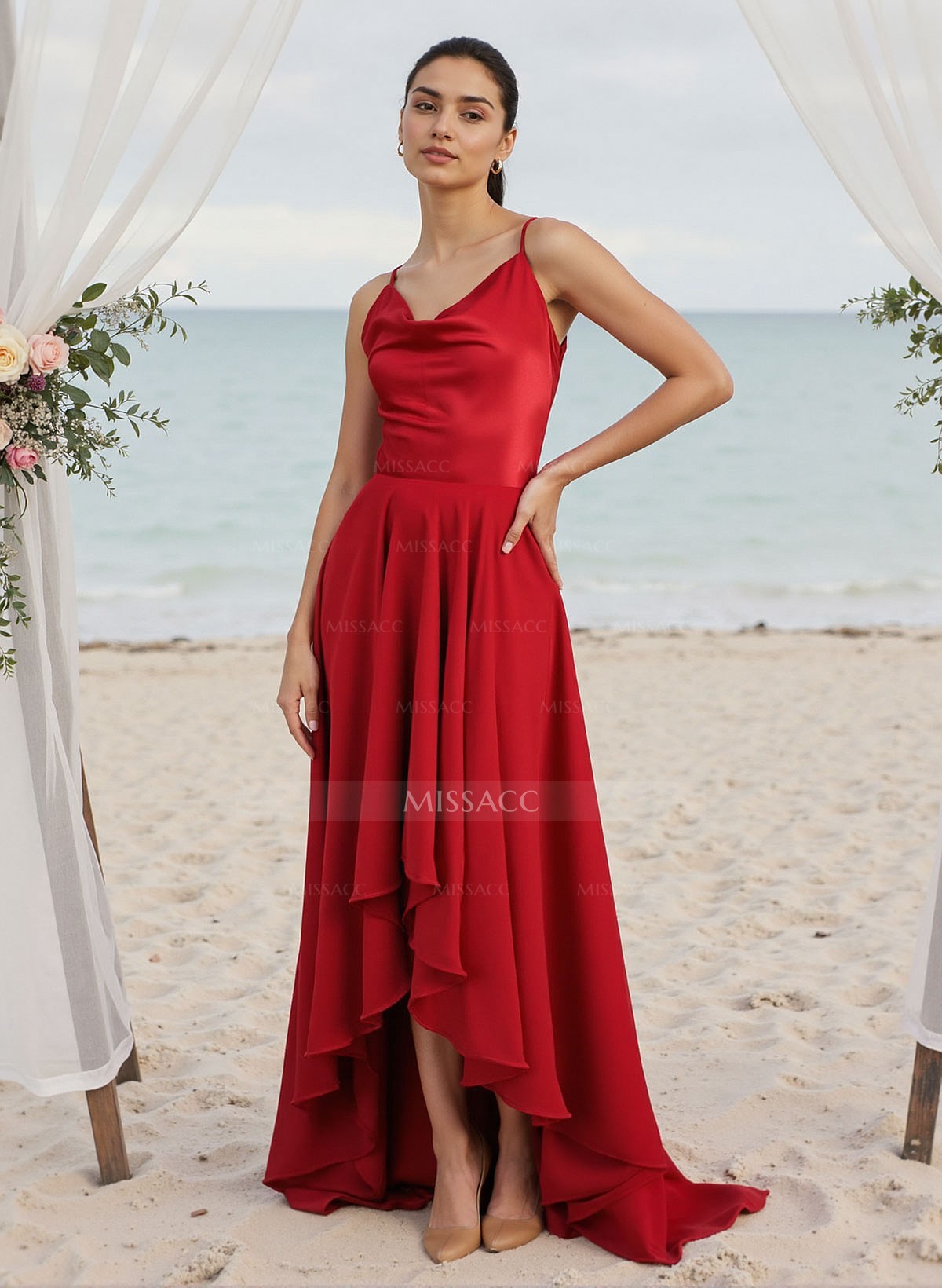 A-Line Cowl Neck Sleeveless Chiffon/Silk Like Satin Bridesmaid Dresses