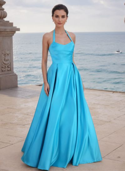 A-Line Halter Sleeveless Floor-Length Satin Bridesmaid Dresses