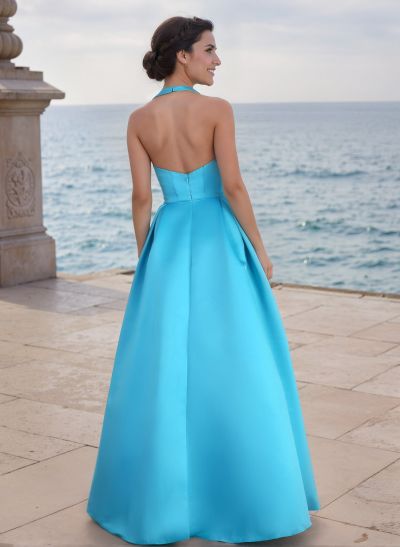 A-Line Halter Sleeveless Floor-Length Satin Bridesmaid Dresses