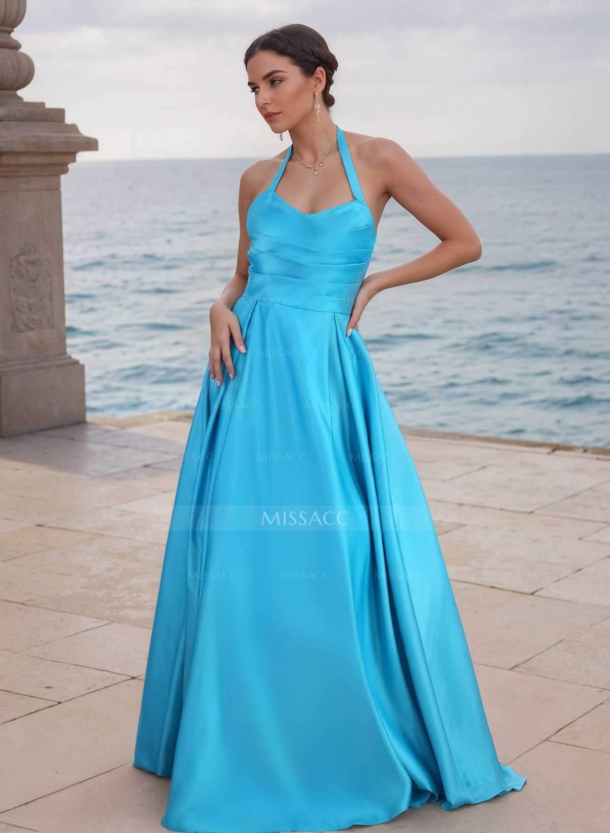 A-Line Halter Sleeveless Floor-Length Satin Bridesmaid Dresses