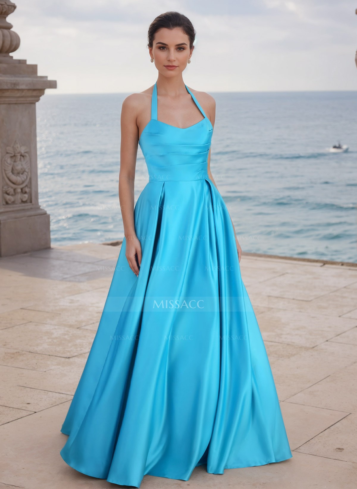 A-Line Halter Sleeveless Floor-Length Satin Bridesmaid Dresses