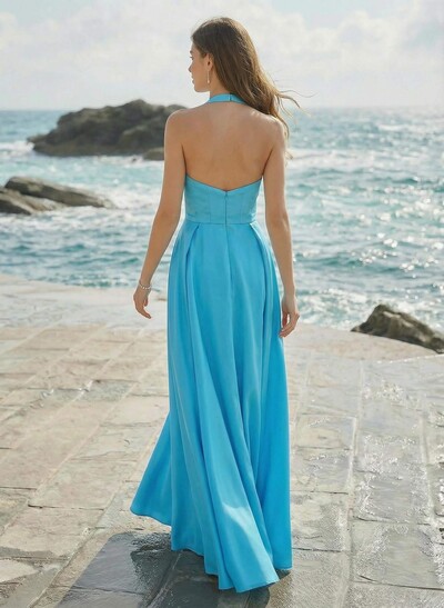A-Line Halter Sleeveless Floor-Length Satin Bridesmaid Dresses