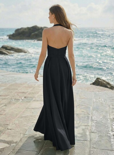 A-Line Halter Sleeveless Floor-Length Satin Bridesmaid Dresses