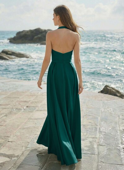 A-Line Halter Sleeveless Floor-Length Satin Bridesmaid Dresses
