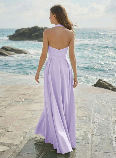 A-Line Halter Sleeveless Floor-Length Satin Bridesmaid Dresses