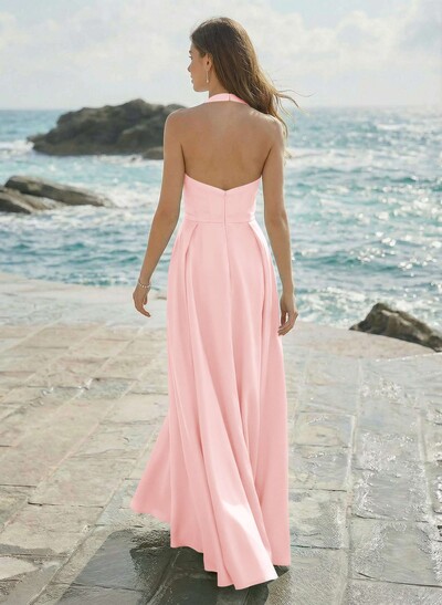 A-Line Halter Sleeveless Floor-Length Satin Bridesmaid Dresses