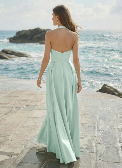 A-Line Halter Sleeveless Floor-Length Satin Bridesmaid Dresses