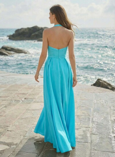 A-Line Halter Sleeveless Floor-Length Satin Bridesmaid Dresses