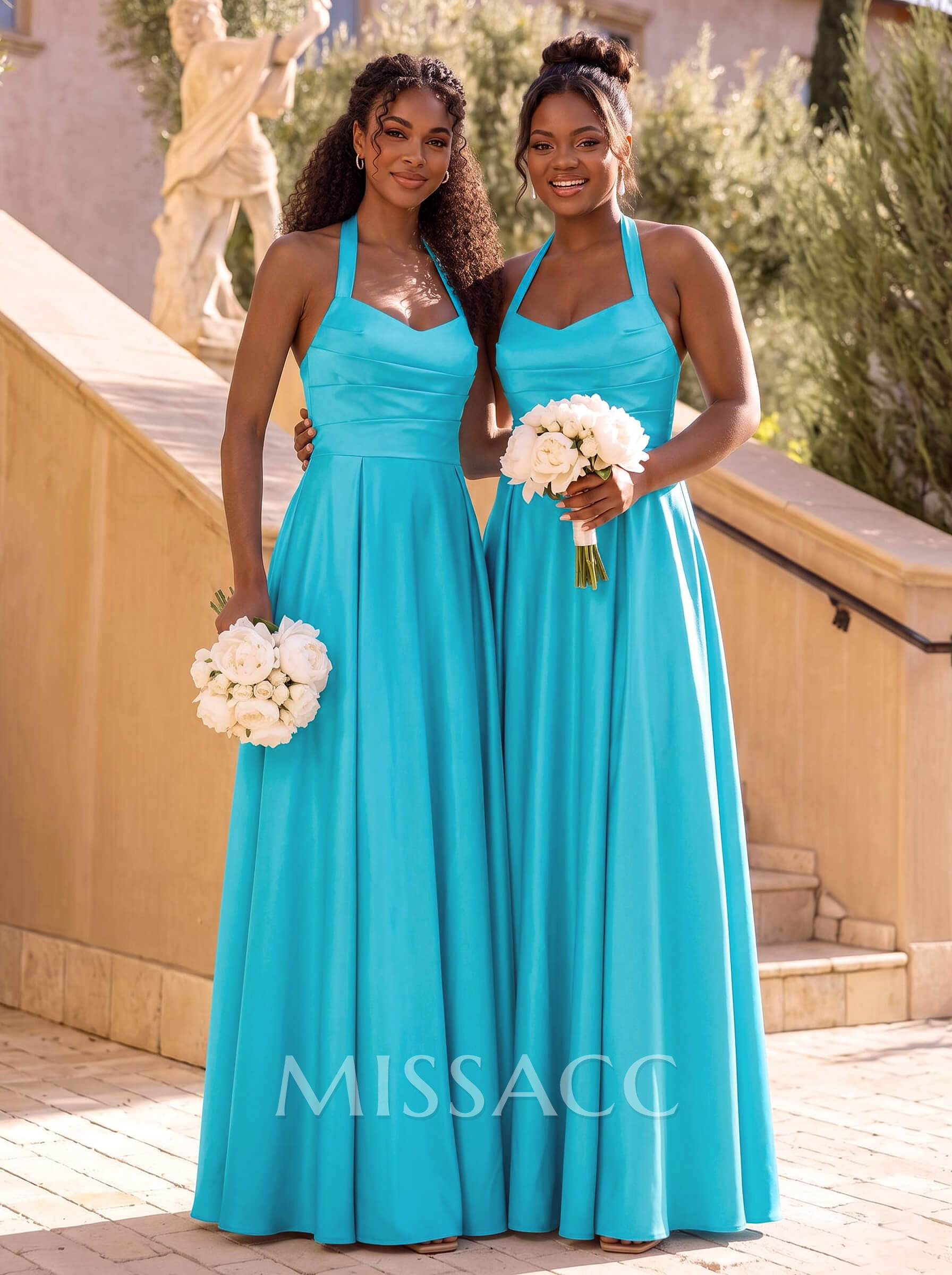 A-Line Halter Sleeveless Floor-Length Satin Bridesmaid Dresses A-Line Halter Sleeveless Floor-Length Satin Bridesmaid Dresses