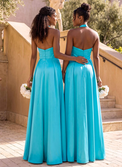 A-Line Halter Sleeveless Floor-Length Satin Bridesmaid Dresses