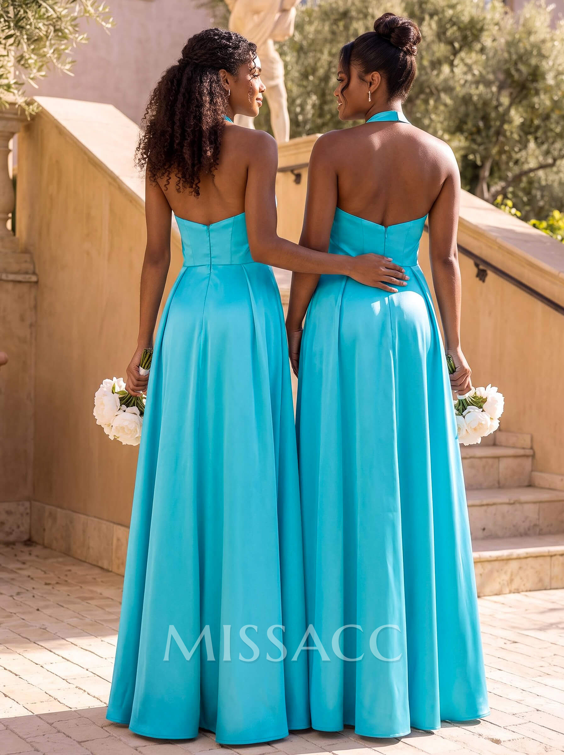 A-Line Halter Sleeveless Floor-Length Satin Bridesmaid Dresses A-Line Halter Sleeveless Floor-Length Satin Bridesmaid Dresses