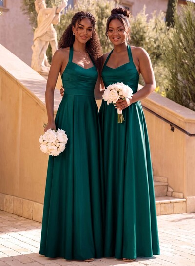 A-Line Halter Sleeveless Floor-Length Satin Bridesmaid Dresses