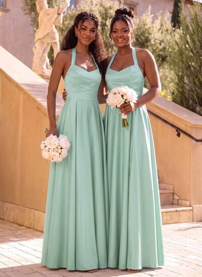 A-Line Halter Sleeveless Floor-Length Satin Bridesmaid Dresses
