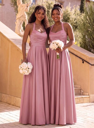 A-Line Halter Sleeveless Maxi Satin Bridesmaid Dresses