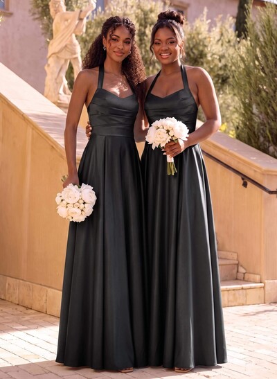 A-Line Halter Sleeveless Maxi Satin Bridesmaid Dresses