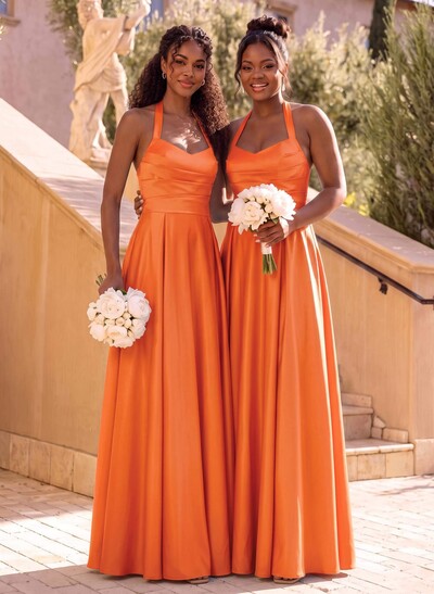 A-Line Halter Sleeveless Floor-Length Satin Bridesmaid Dresses