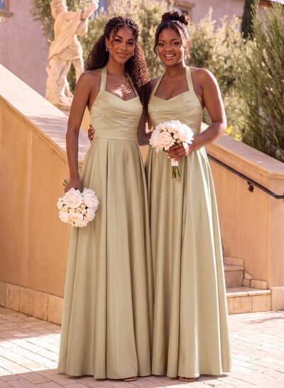 A-Line Halter Sleeveless Floor-Length Satin Bridesmaid Dresses