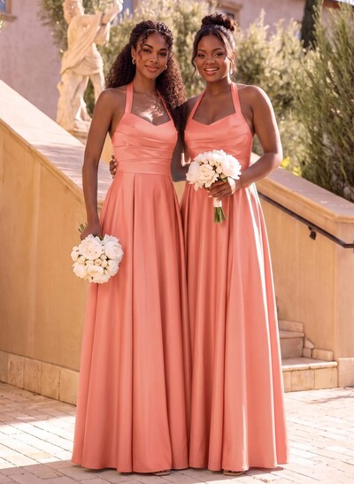 A-Line Halter Sleeveless Floor-Length Satin Bridesmaid Dresses