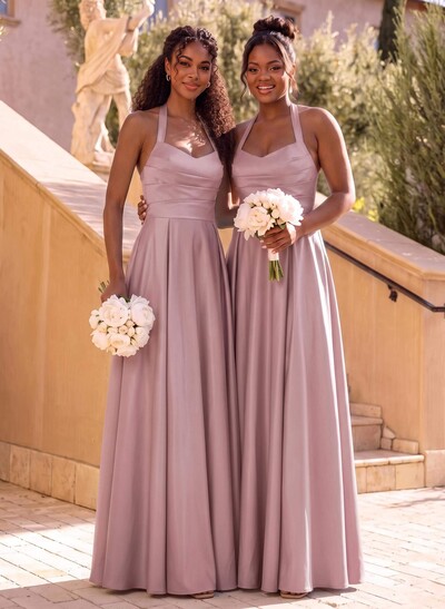A-Line Halter Sleeveless Floor-Length Satin Bridesmaid Dresses