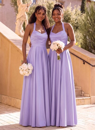 A-Line Halter Sleeveless Floor-Length Satin Bridesmaid Dresses