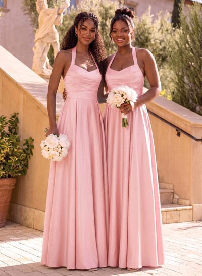 A-Line Halter Sleeveless Floor-Length Satin Bridesmaid Dresses