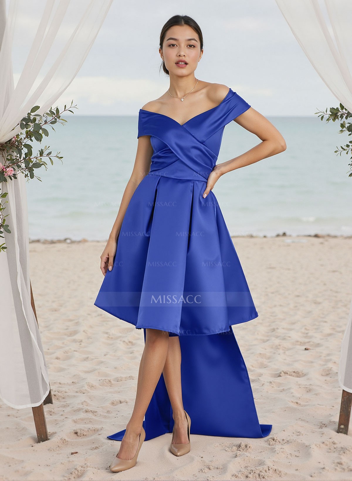 A-Line Off-The-Shoulder Sleeveless Satin Bridesmaid Dresses With Pleated