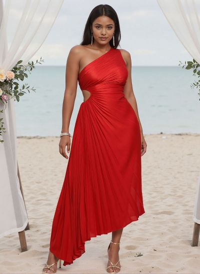 A-Line One-Shoulder Sleeveless Silk Like Satin Bridesmaid Dresses With Pleated