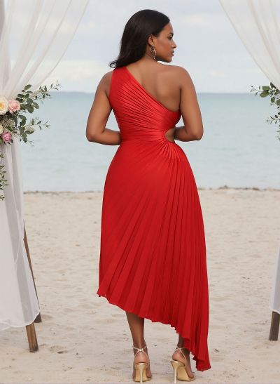 A-Line One-Shoulder Sleeveless Silk Like Satin Bridesmaid Dresses With Pleated