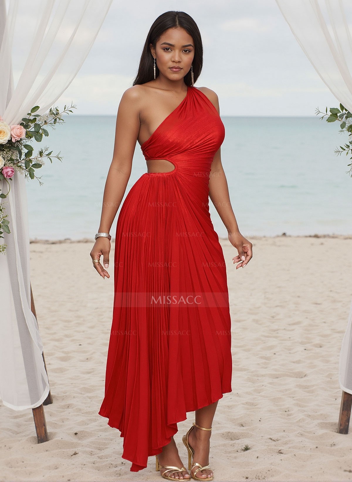 A-Line One-Shoulder Sleeveless Silk Like Satin Bridesmaid Dresses With Pleated