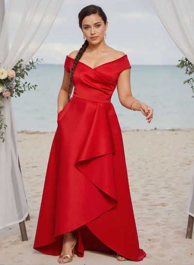 A-Line Off-The-Shoulder Sleeveless Satin Bridesmaid Dresses With Ruffle