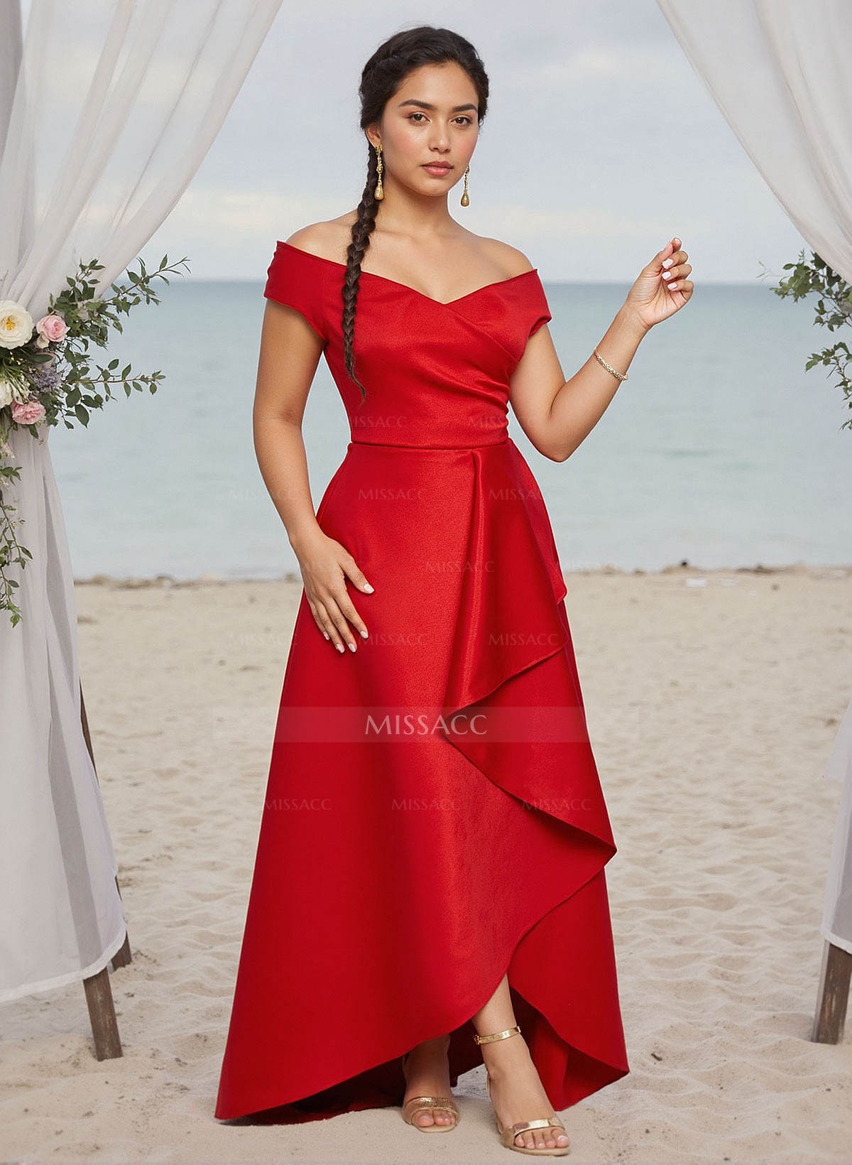 A-Line Off-The-Shoulder Sleeveless Satin Bridesmaid Dresses With Ruffle