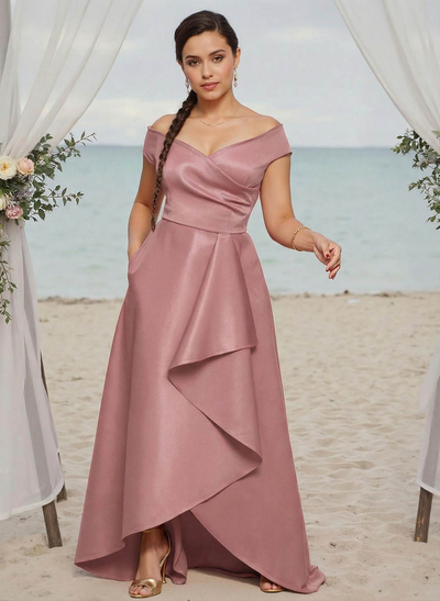 A-Line Off-The-Shoulder Sleeveless Satin Bridesmaid Dresses With Ruffle
