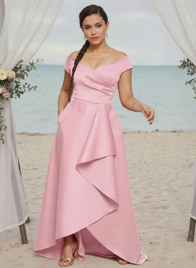 A-Line Off-The-Shoulder Sleeveless Satin Bridesmaid Dresses With Ruffle