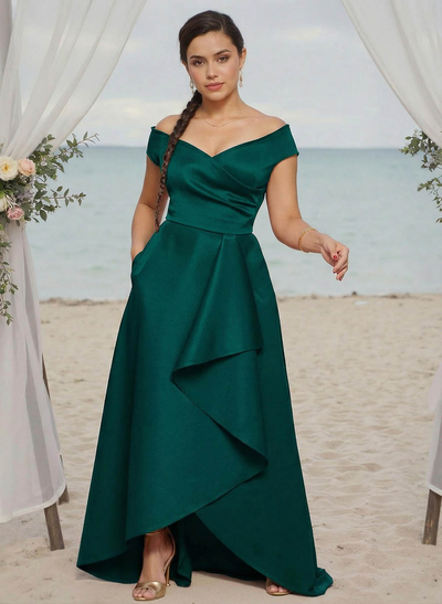 A-Line Off-The-Shoulder Sleeveless Satin Bridesmaid Dresses With Ruffle