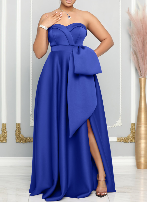 A-Line Sweetheart Sleeveless Satin Bridesmaid Dresses With Bow(s)/High Split