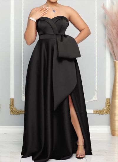 A-Line Sweetheart Sleeveless Satin Bridesmaid Dresses With Bow(s)/High Split