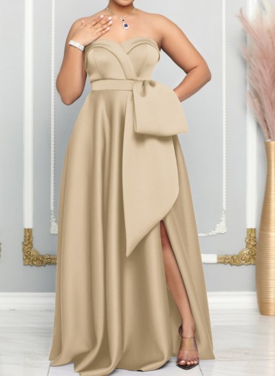 A-Line Sweetheart Sleeveless Satin Bridesmaid Dresses With Bow(s)/High Split