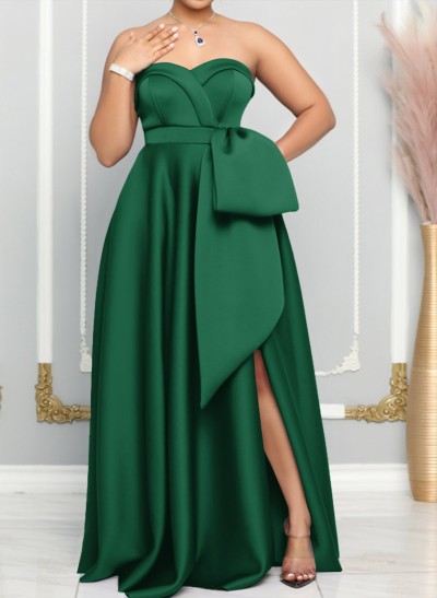 A-Line Sweetheart Sleeveless Satin Bridesmaid Dresses With Bow(s)/High Split