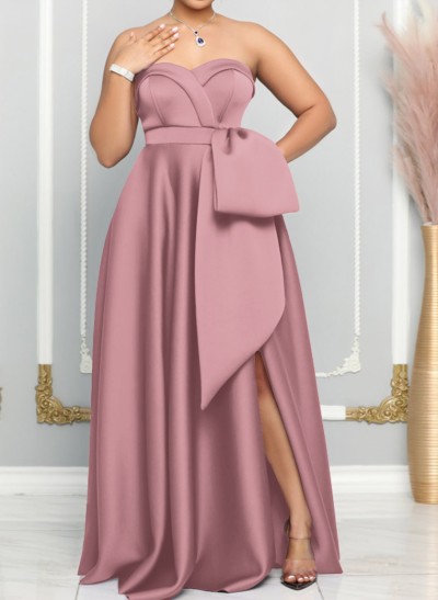 A-Line Sweetheart Sleeveless Satin Bridesmaid Dresses With Bow(s)/High Split