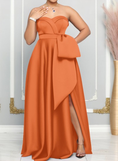 A-Line Sweetheart Sleeveless Satin Bridesmaid Dresses With Bow(s)/High Split