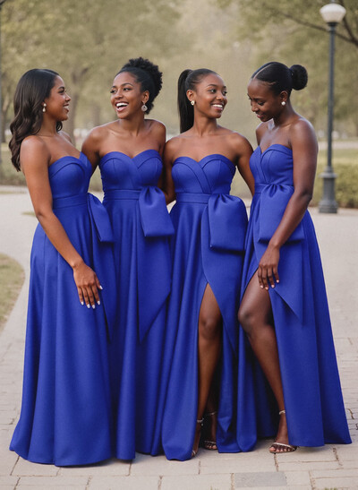A-Line Sweetheart Sleeveless Satin Bridesmaid Dresses With Bow(s)/High Split