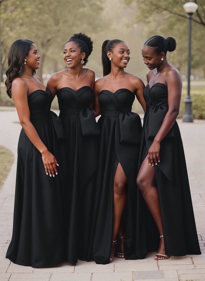 A-Line Sweetheart Sleeveless Satin Bridesmaid Dresses With Bow(s)/High Split